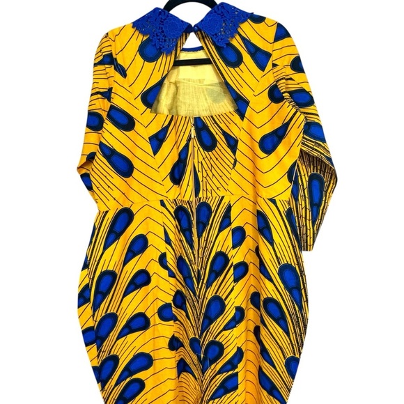Vibrant African Print Yellow and Blue Long Sleeve Dress with Collared Beading - Picture 3 of 9